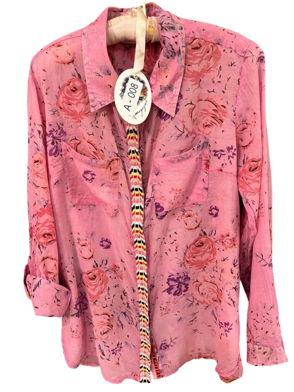 Pink Floral Long-Sleeve Blouse w/Epaulettes